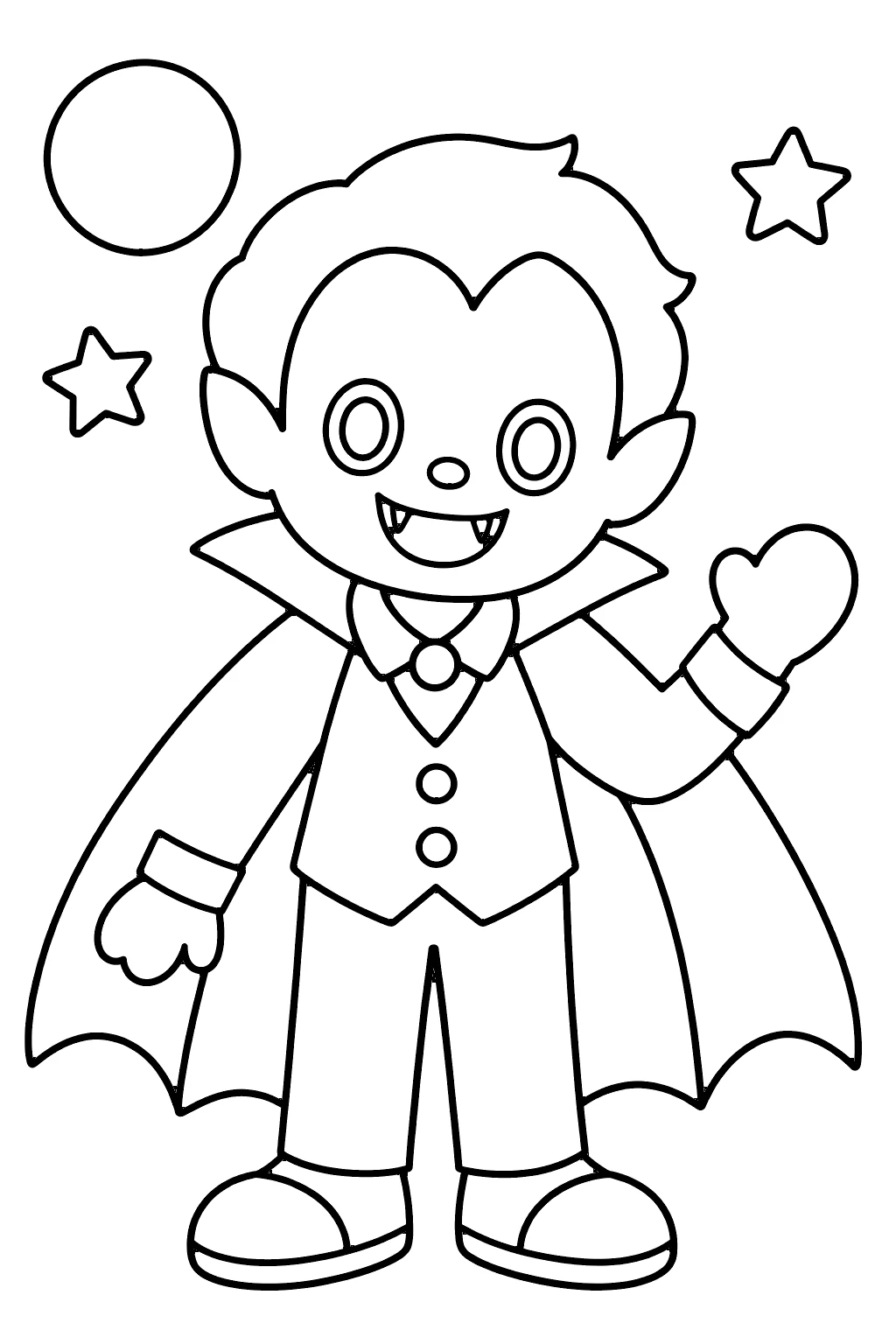 Vampire kid coloring page – a smiling cartoon vampire boy in a high-collared cape and vest, waving under a full moon and stars