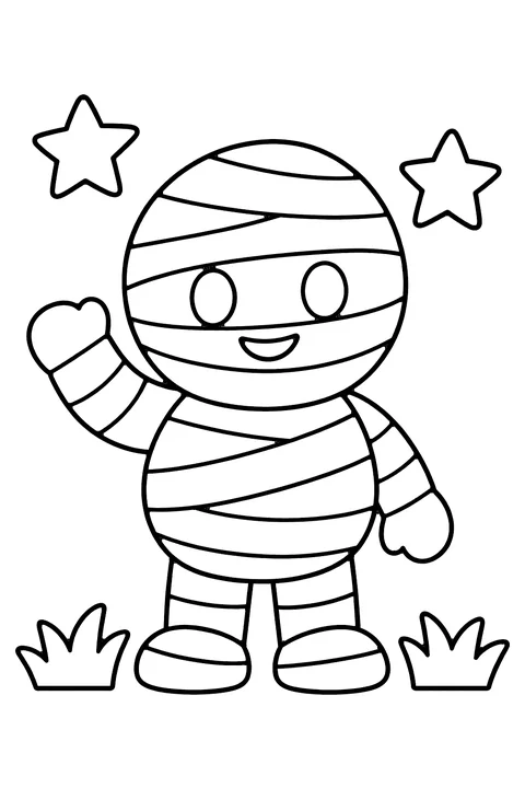 Waving mummy coloring page for kids – a cute cartoon mummy wrapped in wide bandages, waving hello with stars and grass