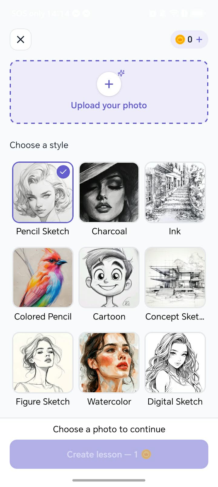 Sketch Steps app — turn a photo into a personalized step-by-step drawing lesson, with style options like charcoal, watercolor, ink, and cartoon