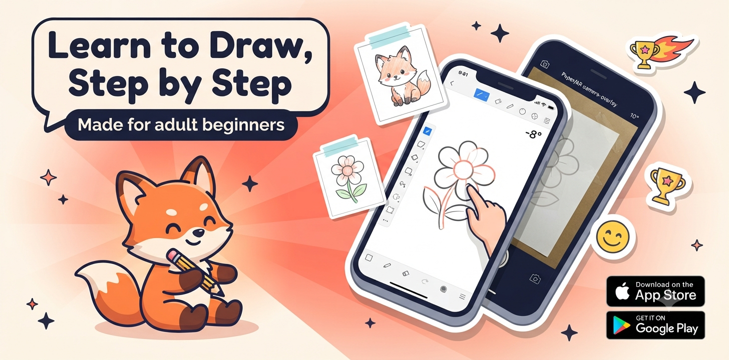 SketchStep fox mascot next to phone screens showing a flower sketch guided step by step, in both canvas and AR drawing mode