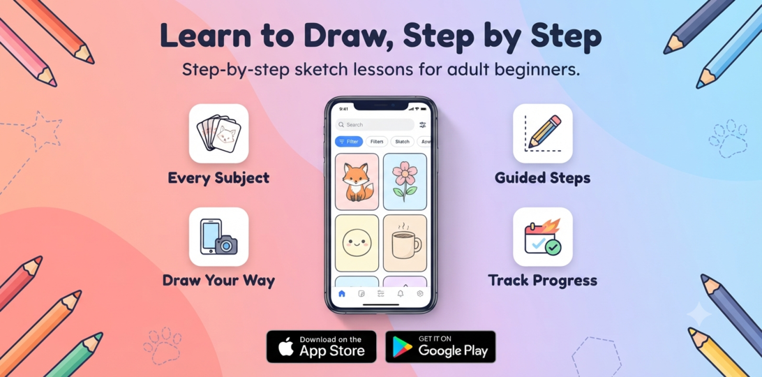 SketchStep app screen showing sketch subjects to choose from, framed by four steps: Pick a Subject, Follow the Guided Steps, Track Your Progress, and Build Real Skill.
