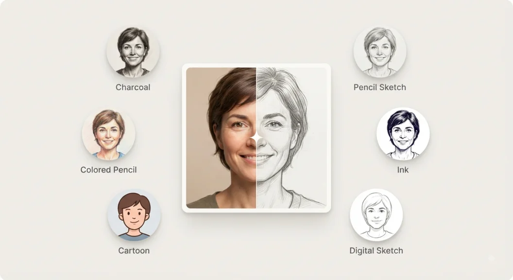 A real portrait photo split down the middle into an AI-generated pencil sketch, surrounded by other available styles: Charcoal, Colored Pencil, Cartoon, Pencil Sketch, Ink, and Digital Sketch